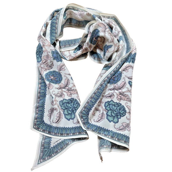 Vintage Ginnie Johansen Silk Scarf Intricate Floral Cream Pink Blue Oblong Tie - Picture 7 of 8